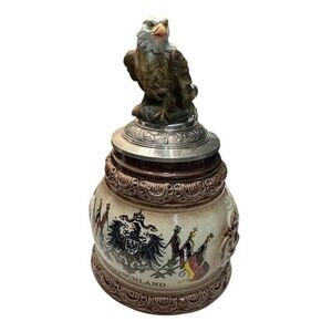 King Ed. 4889 Pewter Lid Eagle Figural Stein Deutschland German Emblem Ceramic
